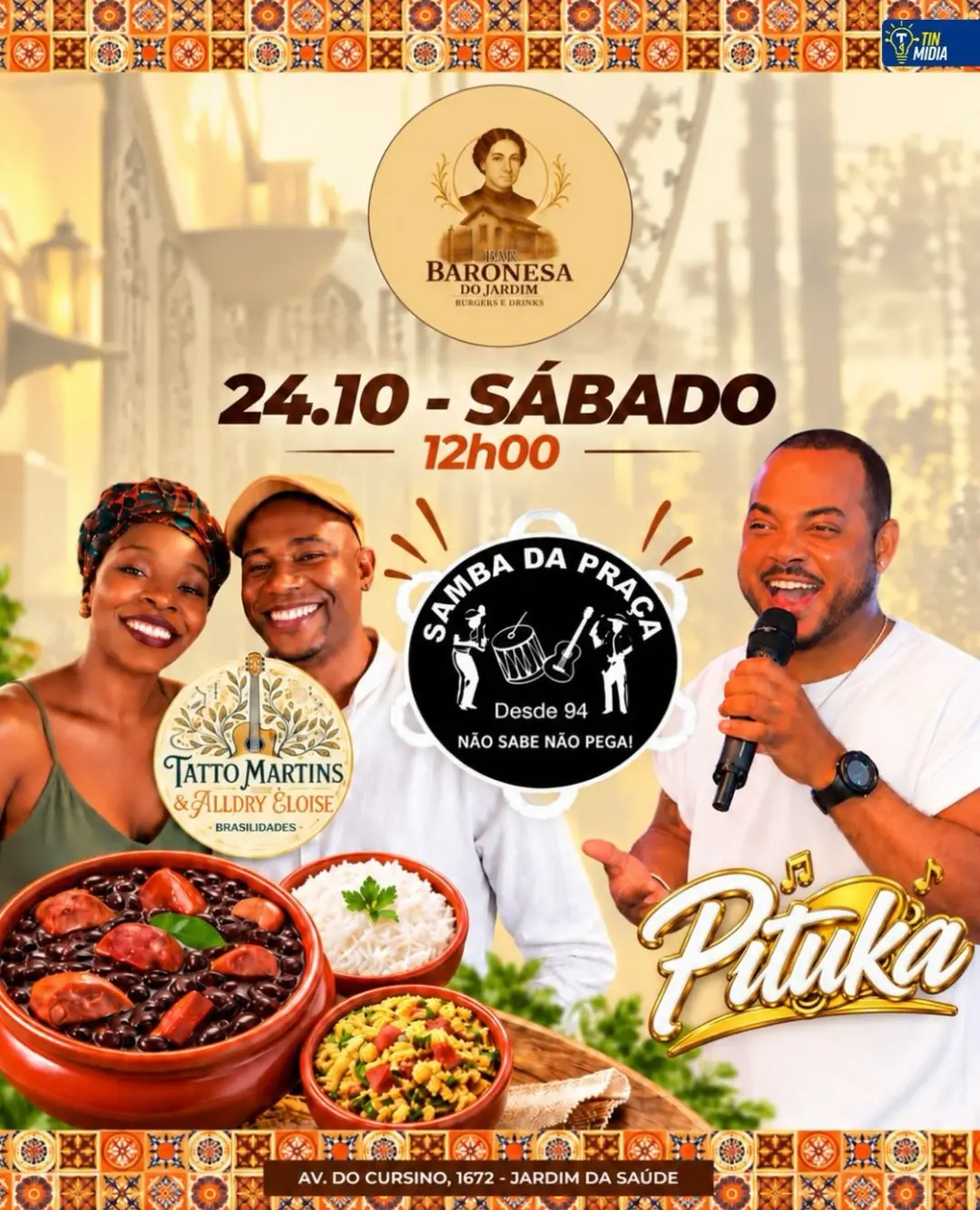 Flyer de Samba da Praça, Pituka, Tatto Martins, Alldry e Eloise