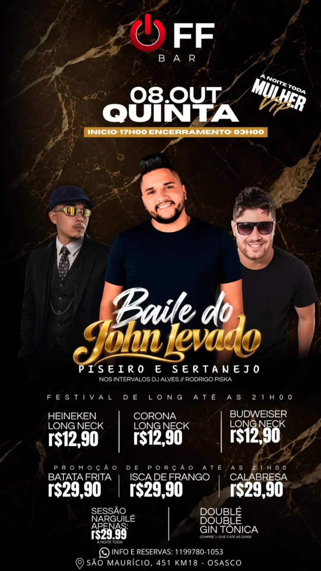 Flyer de John Levado, DJ Alves e Rodrigo Piska