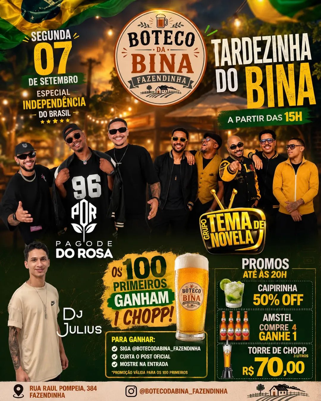Flyer de Pagode do Rosa, Tema de Novela e DJ Julius