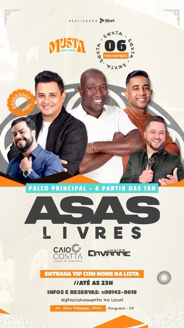 Flyer de Junior Cavanne, Banda Asas Livres e Caio Costta