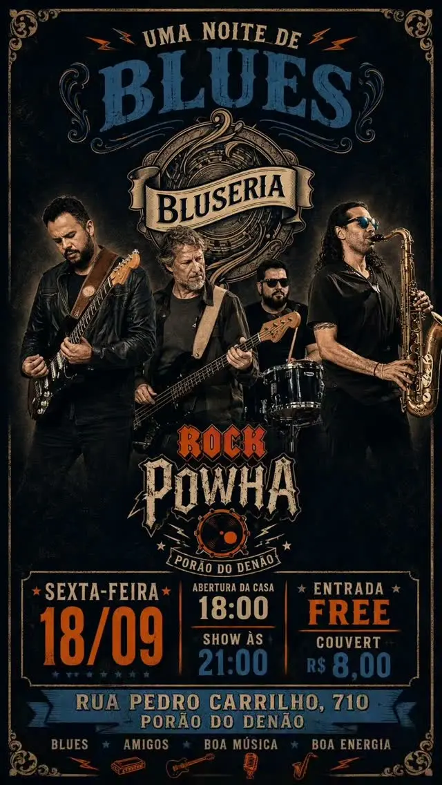 Flyer de Bluseria, Rock Powha e Blues Contagia