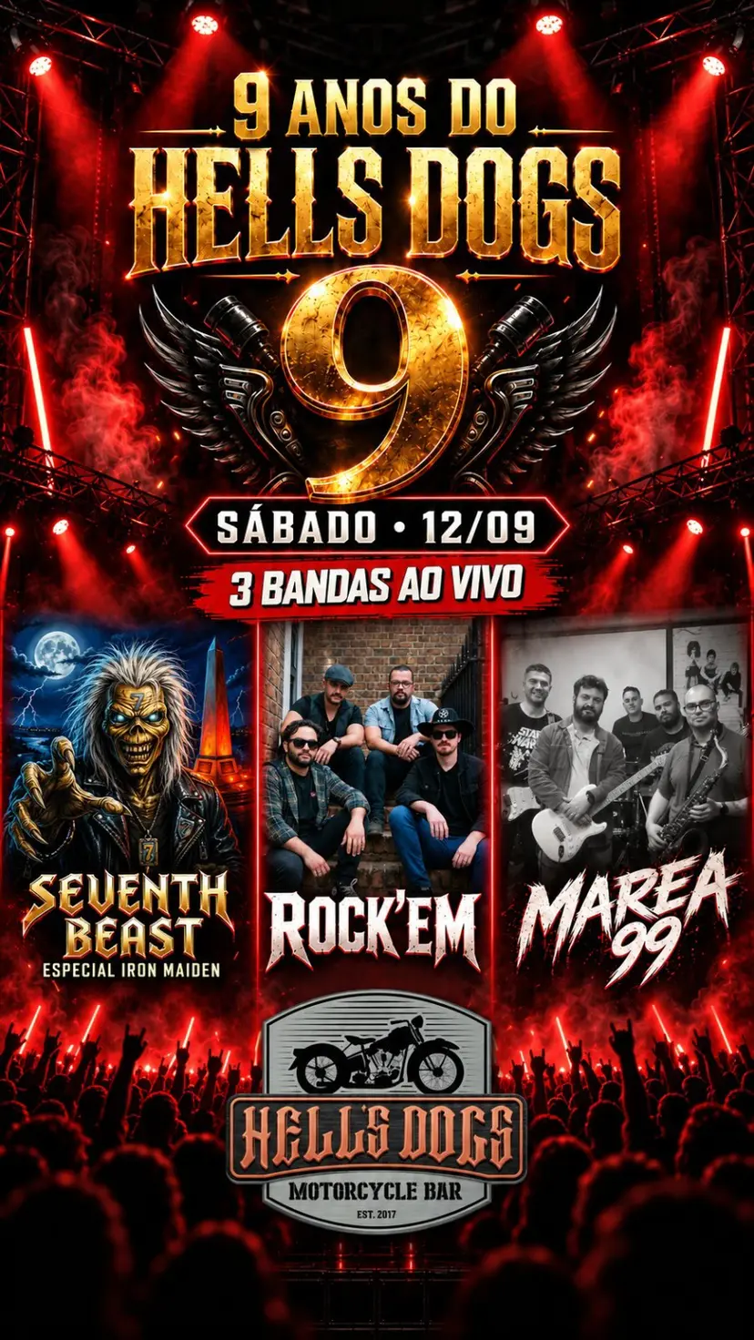Flyer de Banda Marea99, Hells, Rock em 2026 e Seventh Beast Iron