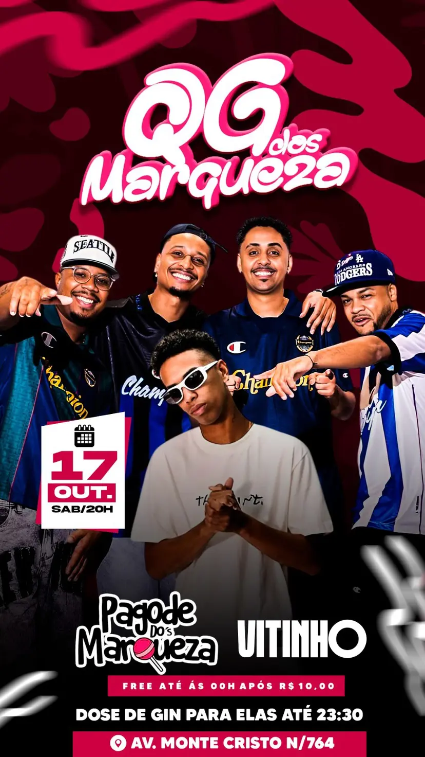 Flyer de Pagode dos Marqueza, Matheus Ribeiro e Cantor Vitinho