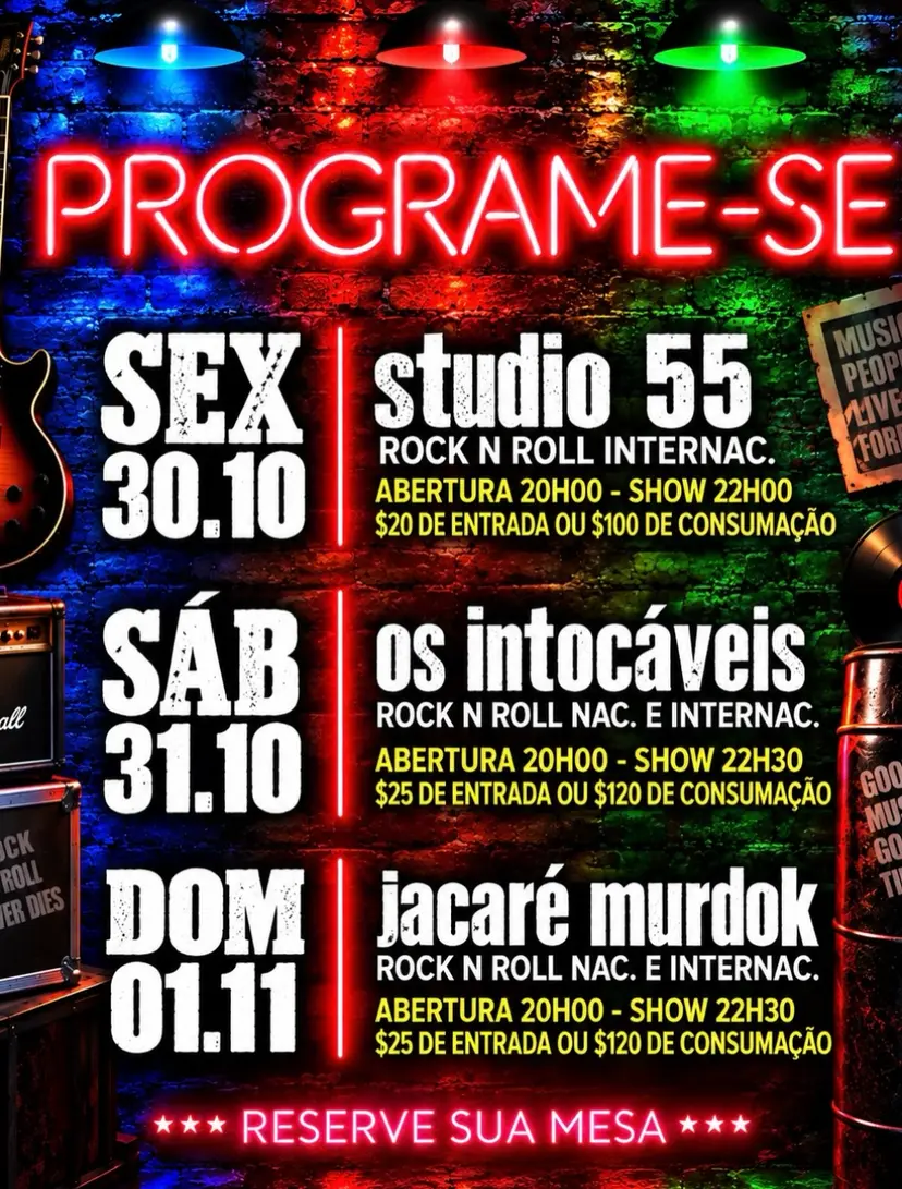 Flyer de Banda Studio 55, Os Intocáveis e Banda Jacaré Murdock